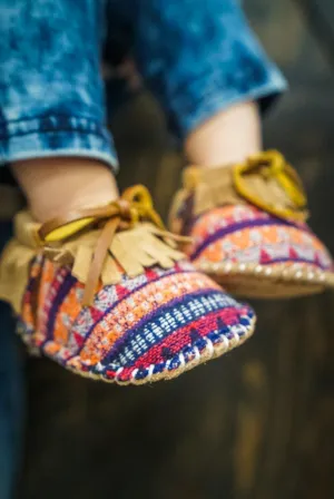 BABY/TODDLER: Moccasins in Multi-Colored Striped Print and Chestnut Fringe*