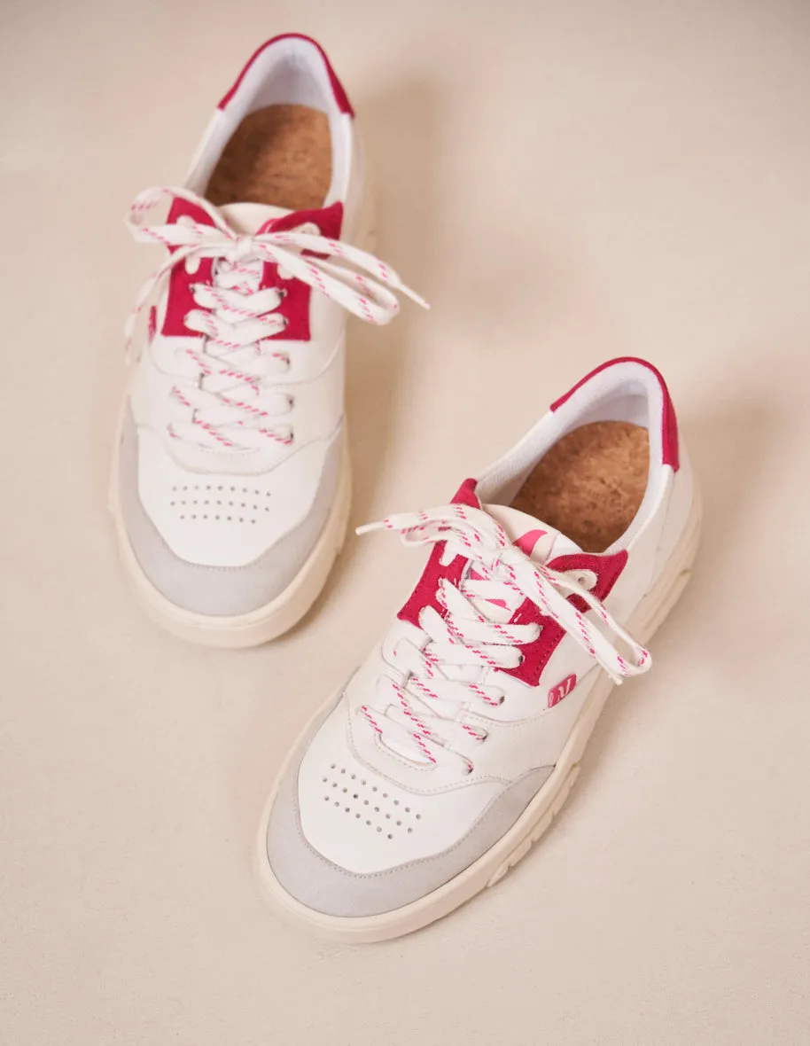 Baskets basses Albertine - Cuir et suède vegan blanc fuchsia