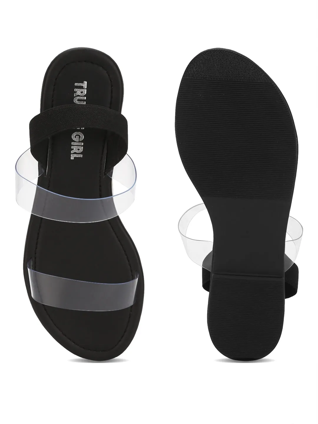 Black Back Strap Perspex PU Clear Flat Sandals