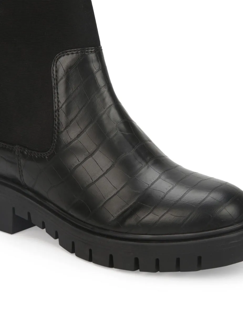 Black Croc PU Cleated Bottom Ankle Boots