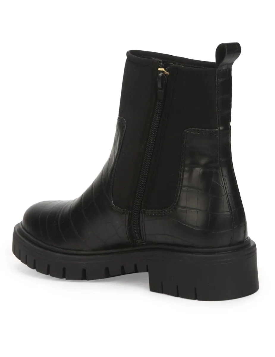 Black Croc PU Cleated Bottom Ankle Boots