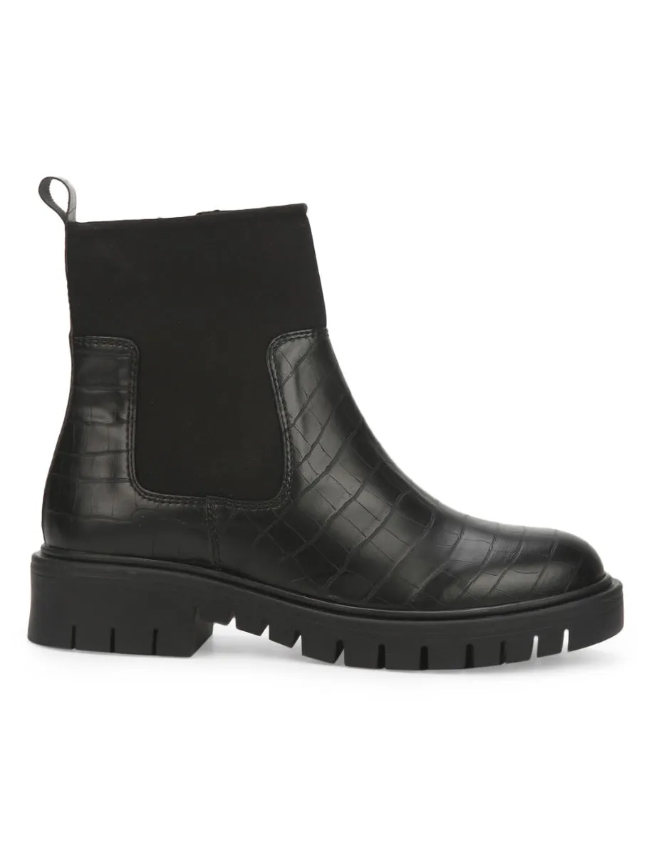 Black Croc PU Cleated Bottom Ankle Boots