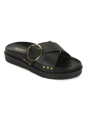 Black PU Crisscross Side Buckle Slides