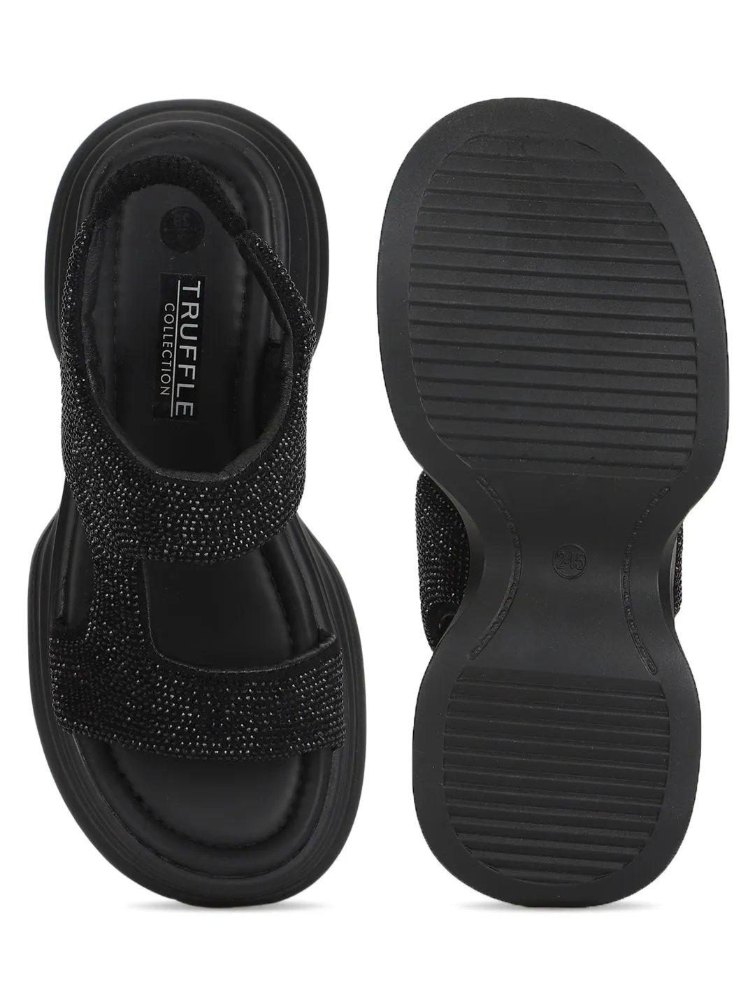 Black PU Diamonte Stylish Slip-On Flats (TC-RS3637-BLK)