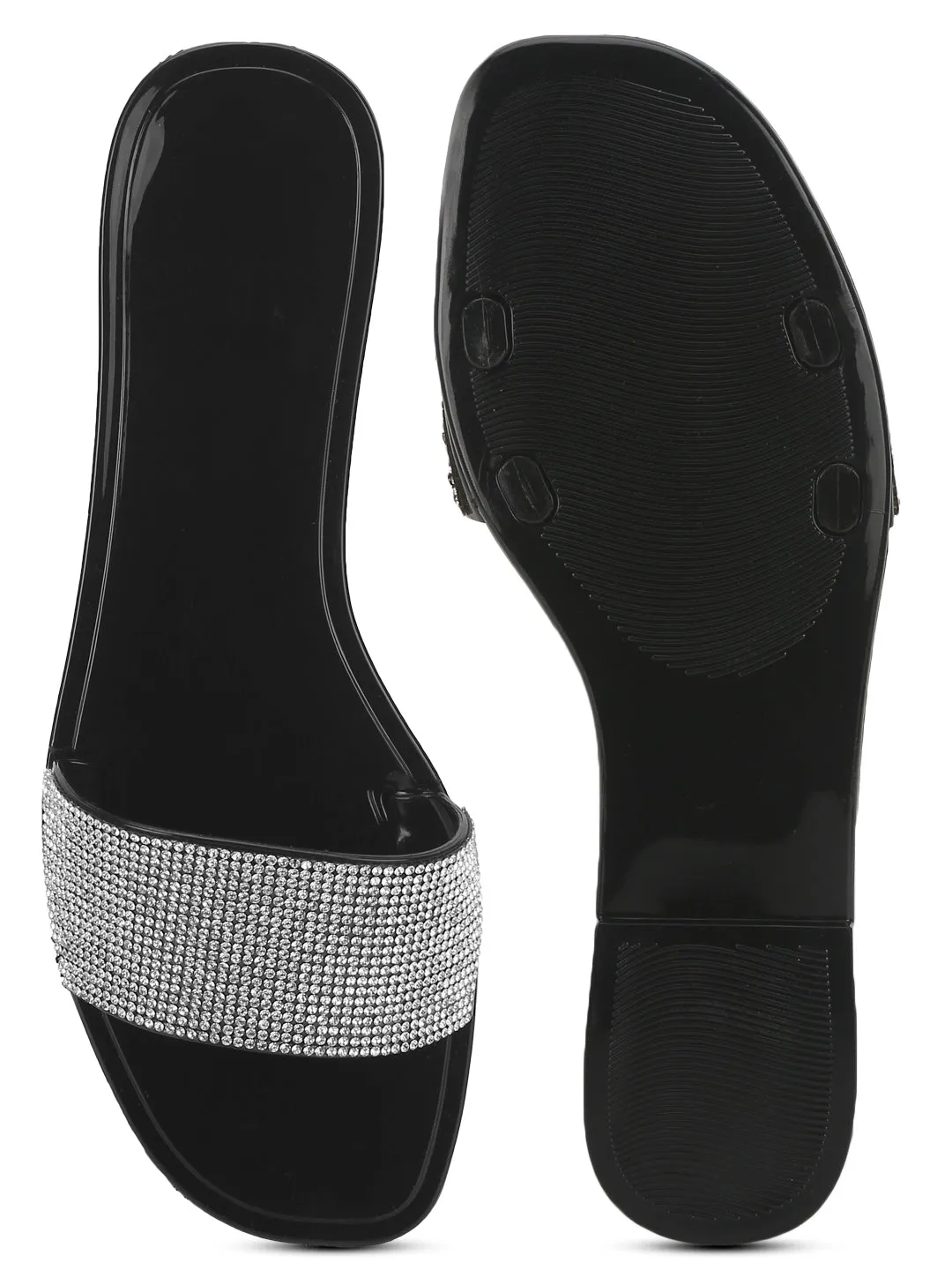 Black PVC Diamante Stripe Slip On Flats