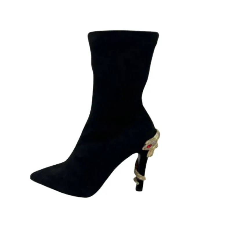 Black Stiletto Elasticated Sock Boots with Snake Heel and Jewel Accents