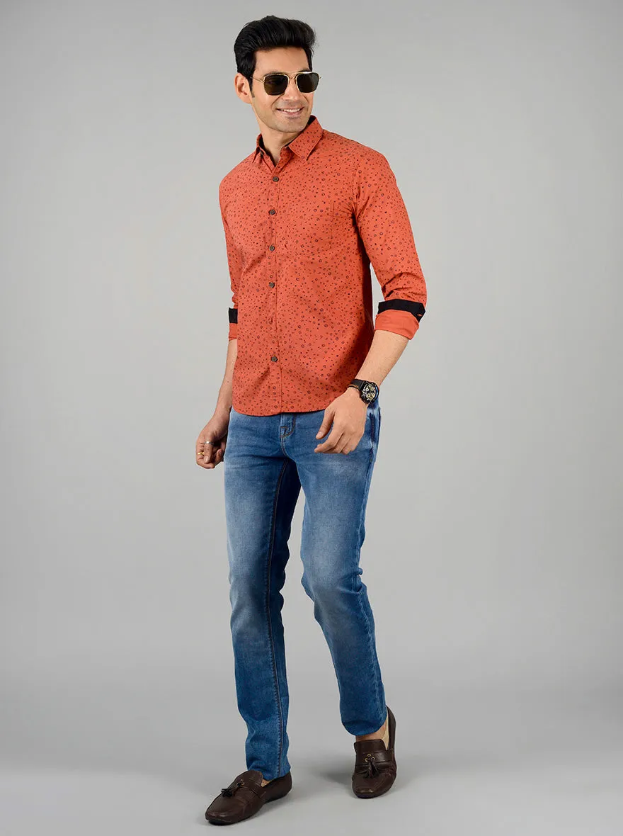 Brick Red Printed Slim Fit Casual Shirt | Greenfibre