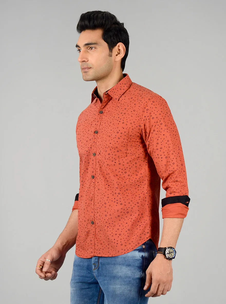 Brick Red Printed Slim Fit Casual Shirt | Greenfibre