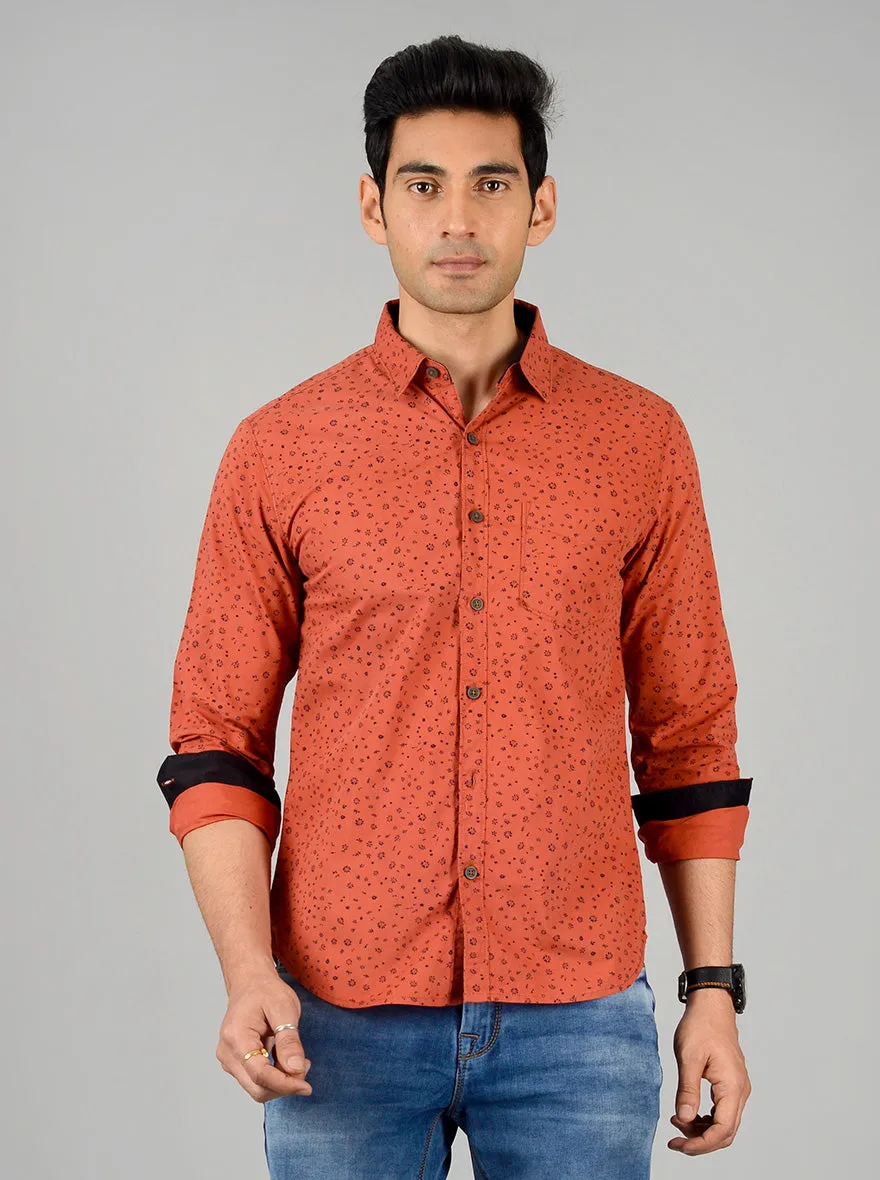 Brick Red Printed Slim Fit Casual Shirt | Greenfibre