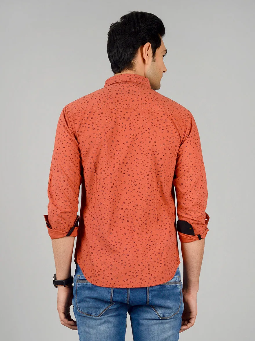 Brick Red Printed Slim Fit Casual Shirt | Greenfibre