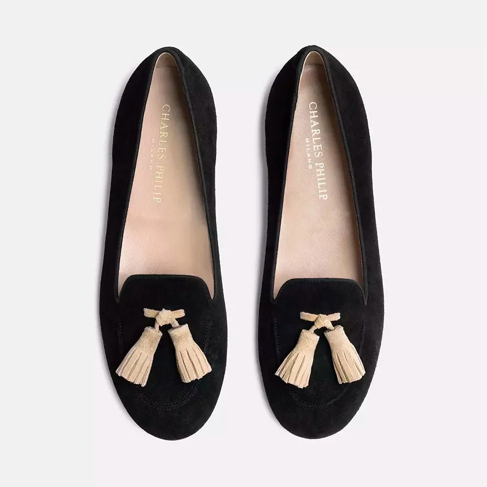 Charles Philip Elegant Black Suede Tassel Moccasins