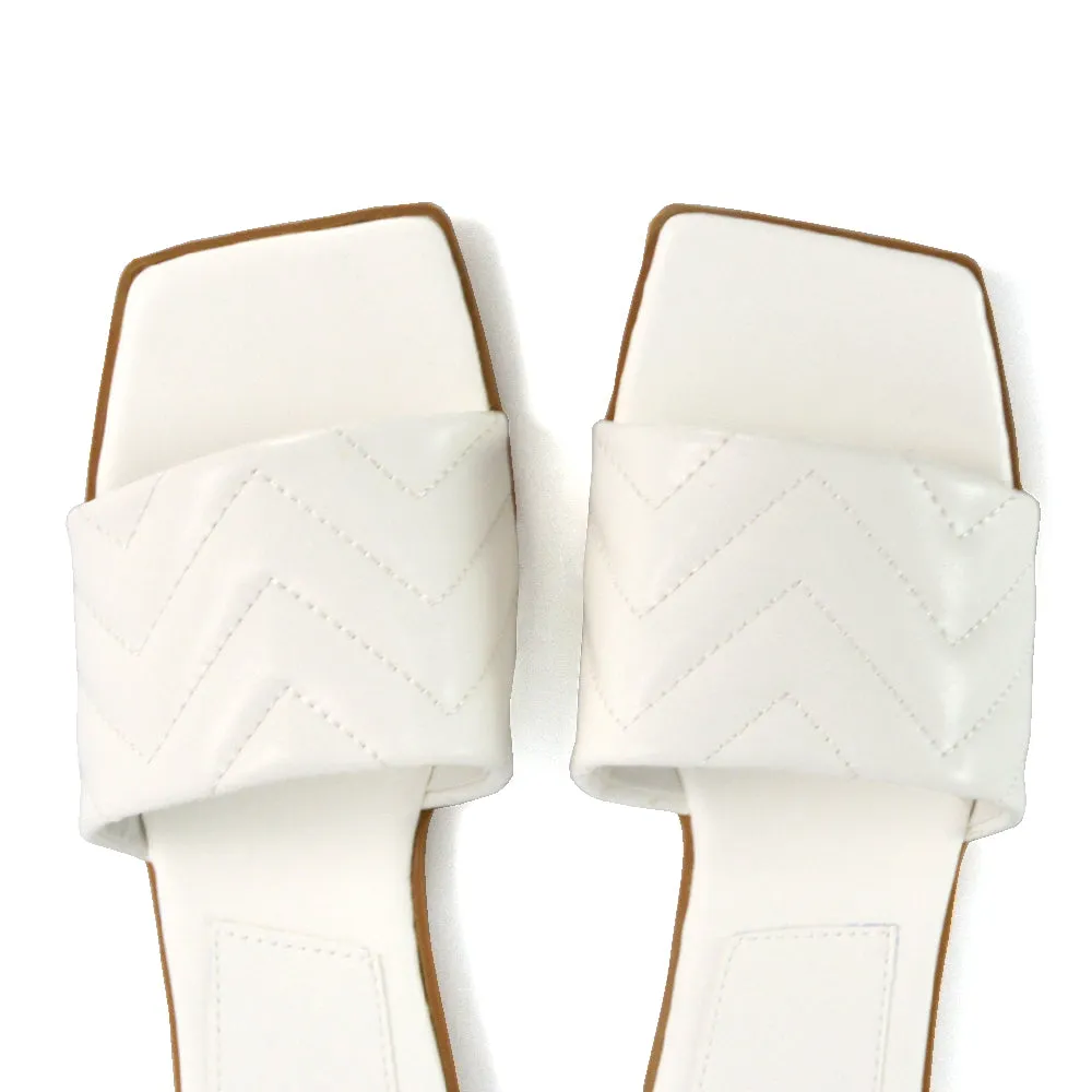 CHERRY QUILTED STRAPPY SQUARE TOE SLIDER SANDALS IN WHITE SYNTHETIC LEATHER