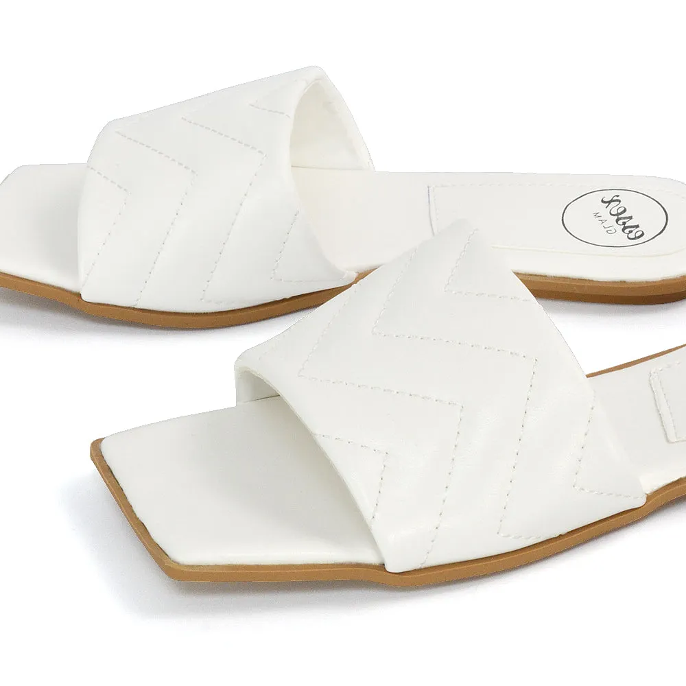 CHERRY QUILTED STRAPPY SQUARE TOE SLIDER SANDALS IN WHITE SYNTHETIC LEATHER