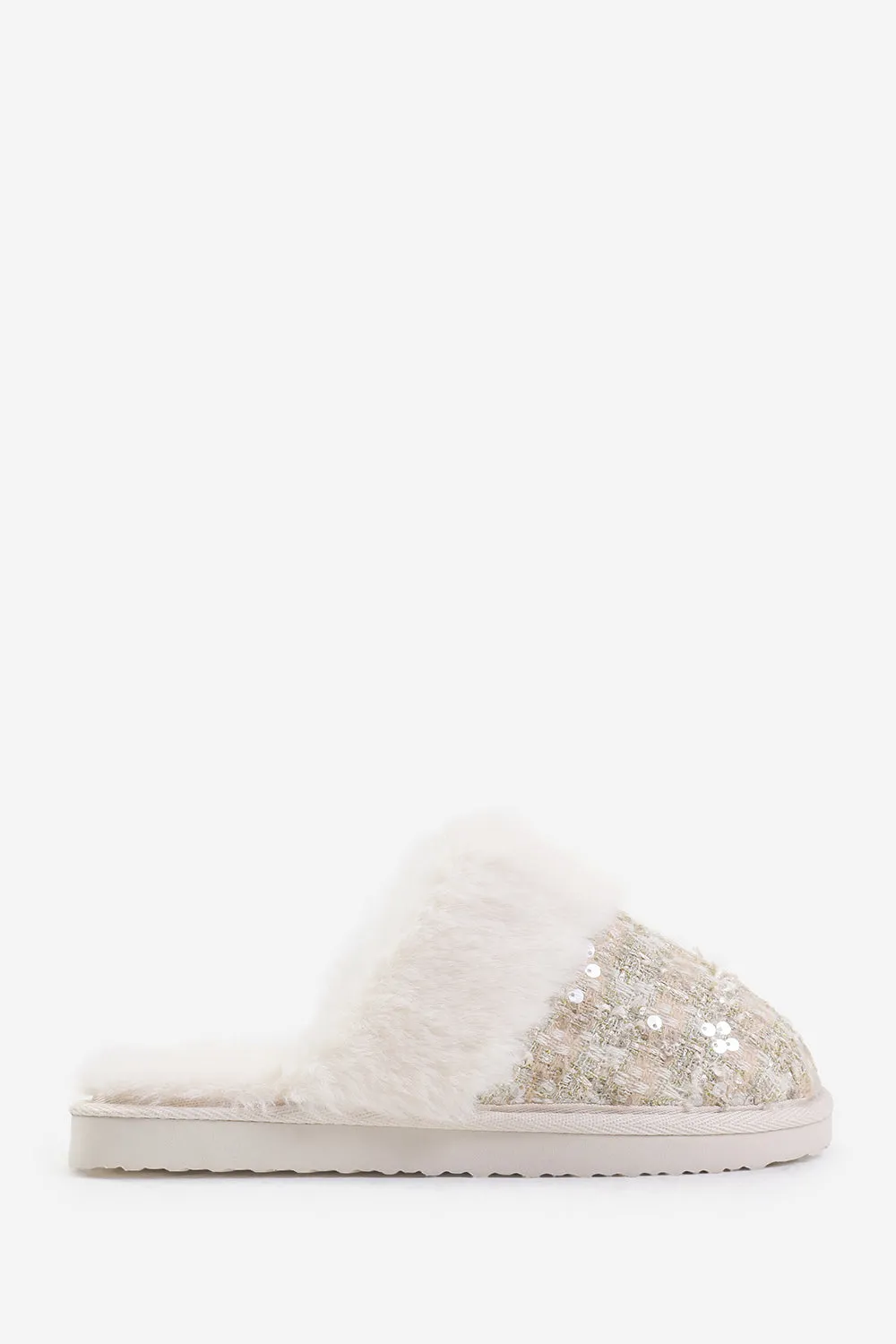 COZY SLIP ON SEQUIN SLIPPERS WITH FUR TRIM IN BEIGE