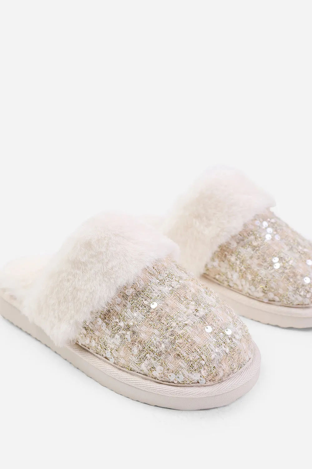 COZY SLIP ON SEQUIN SLIPPERS WITH FUR TRIM IN BEIGE