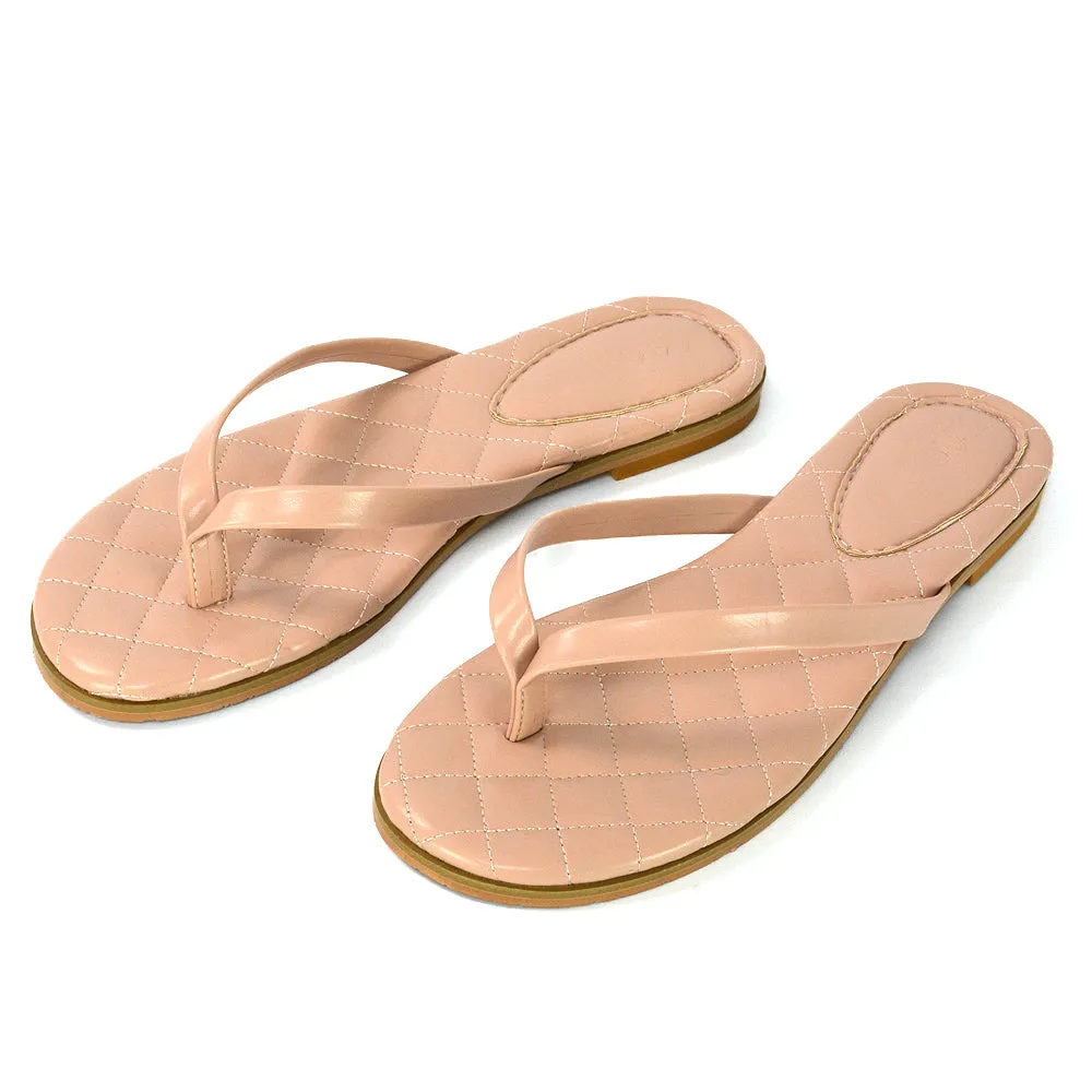 Emersyn Quilted Insole Design Flat Toe Post Flip Flops Summer Sandals in Nude