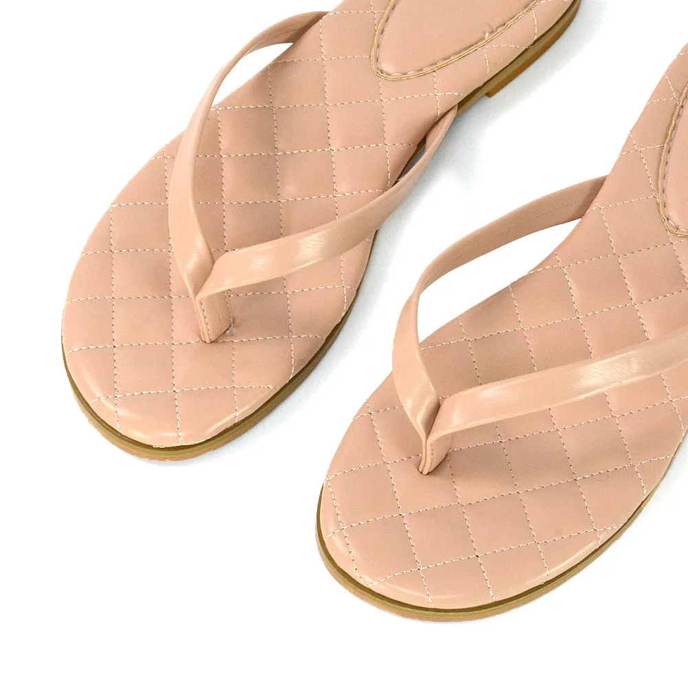 Emersyn Quilted Insole Design Flat Toe Post Flip Flops Summer Sandals in Nude