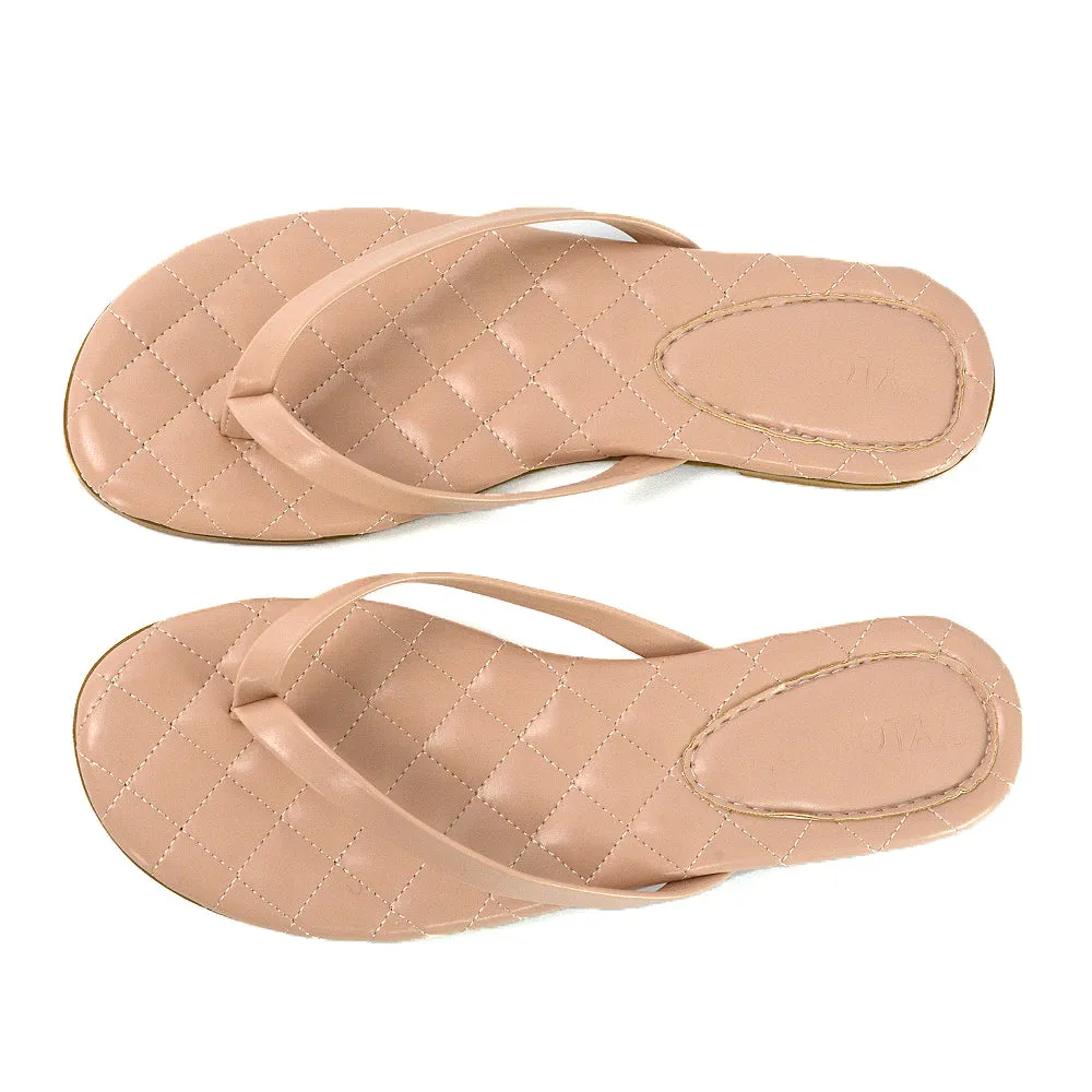 Emersyn Quilted Insole Design Flat Toe Post Flip Flops Summer Sandals in Nude