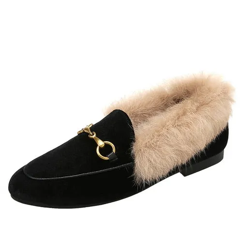 Fluffy Shoes Women's Winter Wear New Single Layer Shoes Women's Flat Fashionable All-Match Cotton Shoes Fleece-Lined Peas Shoes