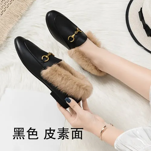 Fluffy Shoes Women's Winter Wear New Single Layer Shoes Women's Flat Fashionable All-Match Cotton Shoes Fleece-Lined Peas Shoes