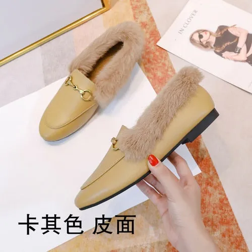 Fluffy Shoes Women's Winter Wear New Single Layer Shoes Women's Flat Fashionable All-Match Cotton Shoes Fleece-Lined Peas Shoes