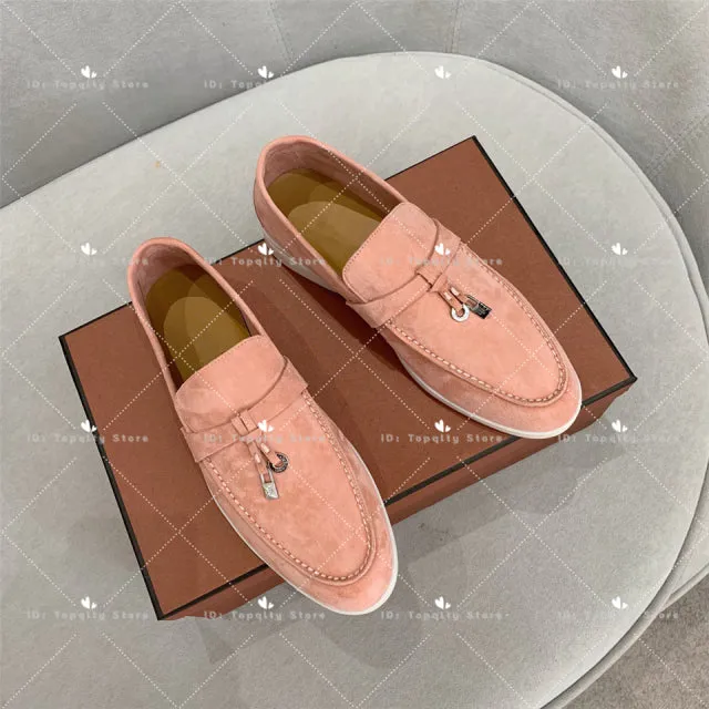 Genuine Leather Kid suede Women Flat Lock Shoes Lazy Slip-on Metal Loafers Lady Casual Walk Shoes Woman Shoes Summer Leather 45