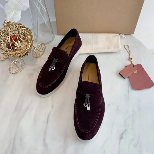 Genuine Leather Kid suede Women Flat Lock Shoes Lazy Slip-on Metal Loafers Lady Casual Walk Shoes Woman Shoes Summer Leather 45