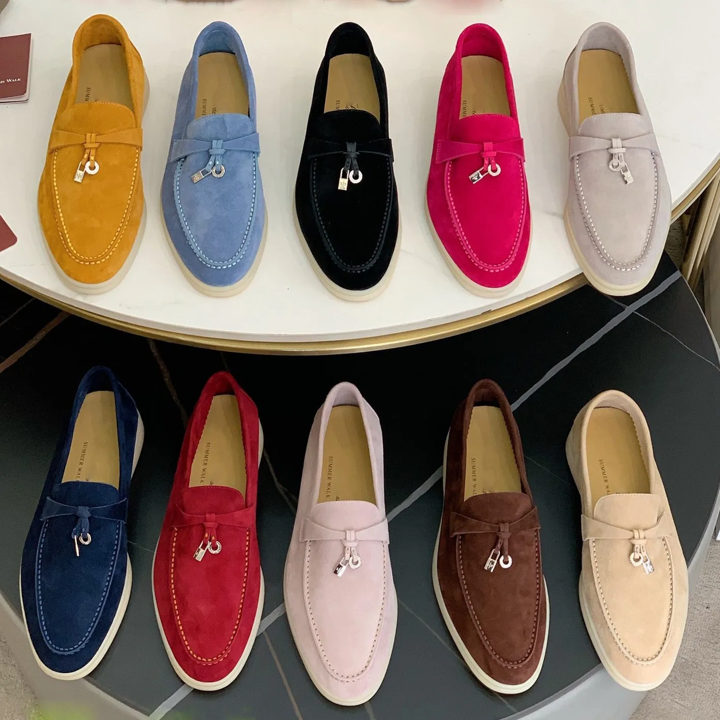 Genuine Leather Kid suede Women Flat Lock Shoes Lazy Slip-on Metal Loafers Lady Casual Walk Shoes Woman Shoes Summer Leather 45