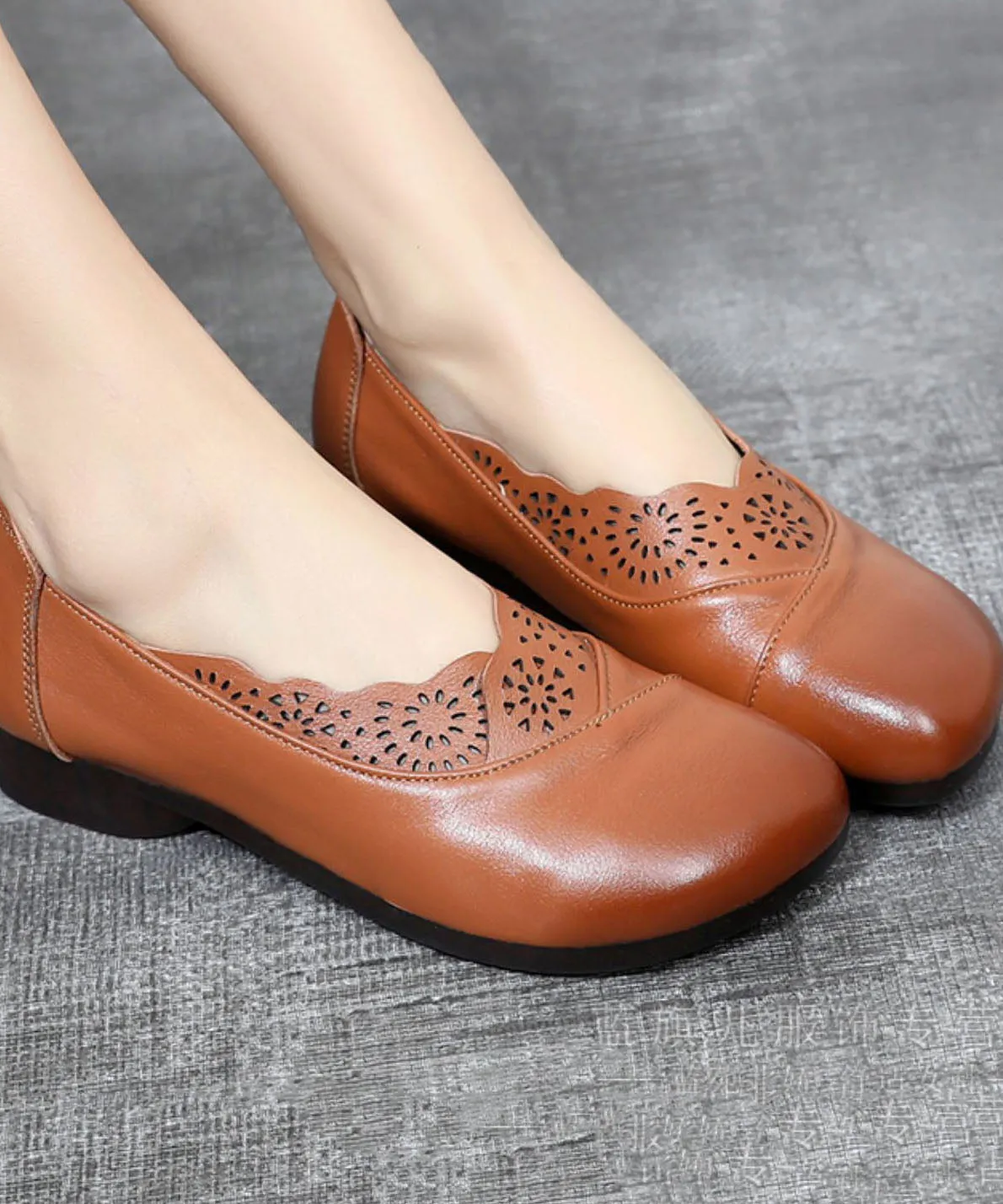 Green Hollow Out Flat Shoes Cowhide Leather Elegant Splicing Flats LC0507