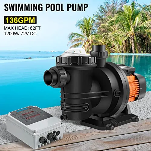 Happybuy Solar Swimming Pool Pump, 1200W 136GPM Powerful Motor, 72VDC Max. Head 62ft, w/MPPT Controller & 9.8 ft Powder Cord for Security, Fit for in Ground Water Park/Pool