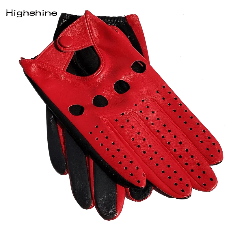 Highshine Men Unlined Driving Genuine Leather Gloves red with black