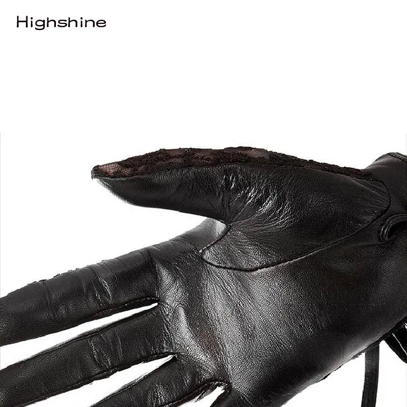 HIGHSHINE Woman Summer Elegant Lace  Back Bow With Wrist Button Italian Napa Lamb Leather Car Driving Gloves