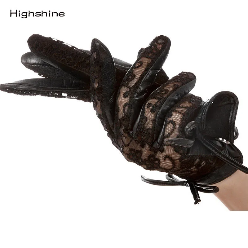 HIGHSHINE Woman Summer Elegant Lace  Back Bow With Wrist Button Italian Napa Lamb Leather Car Driving Gloves