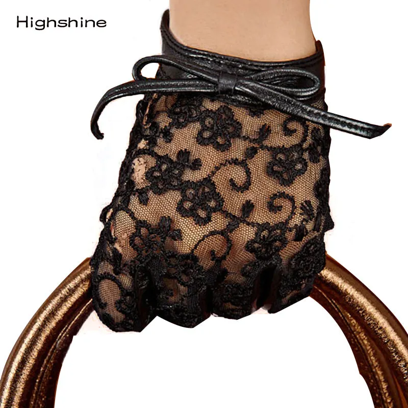 HIGHSHINE Woman Summer Elegant Lace  Back Bow With Wrist Button Italian Napa Lamb Leather Car Driving Gloves