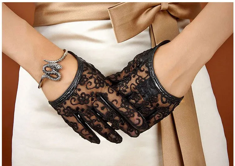 HIGHSHINE Women Genuine Leather Gloves Sexy Lace Car Driving Gloves