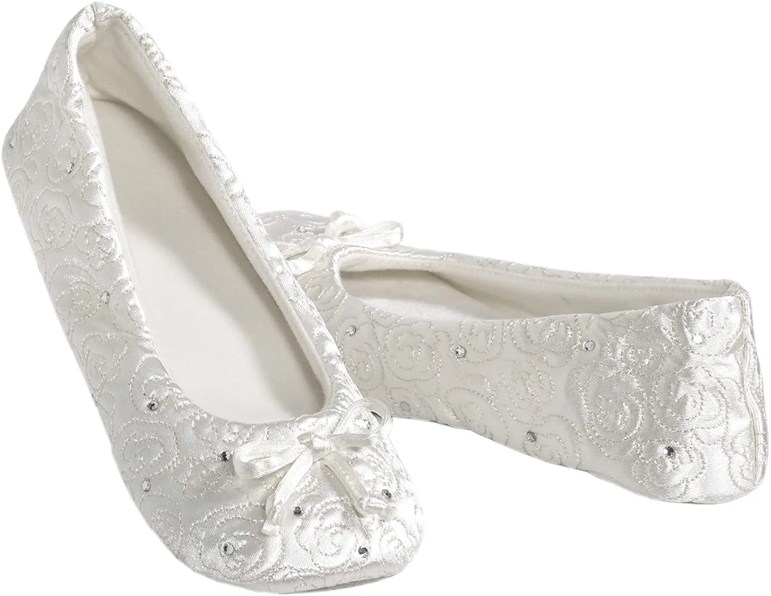 Isotoner Women's Rose Quilted Satin Ballerina Slippers with Rhinestones