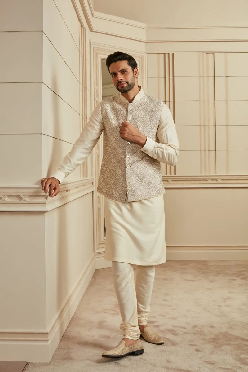 Ivory Sequin Embroidered Kurta Bundi Set