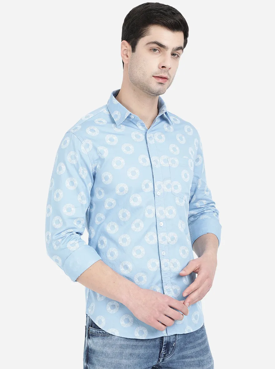 Light Blue Printed Slim Fit Semi Casual Shirt | Greenfibre