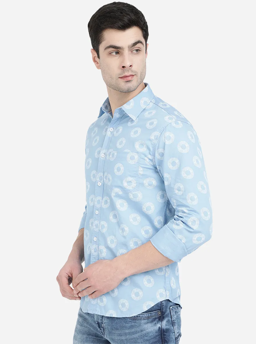 Light Blue Printed Slim Fit Semi Casual Shirt | Greenfibre