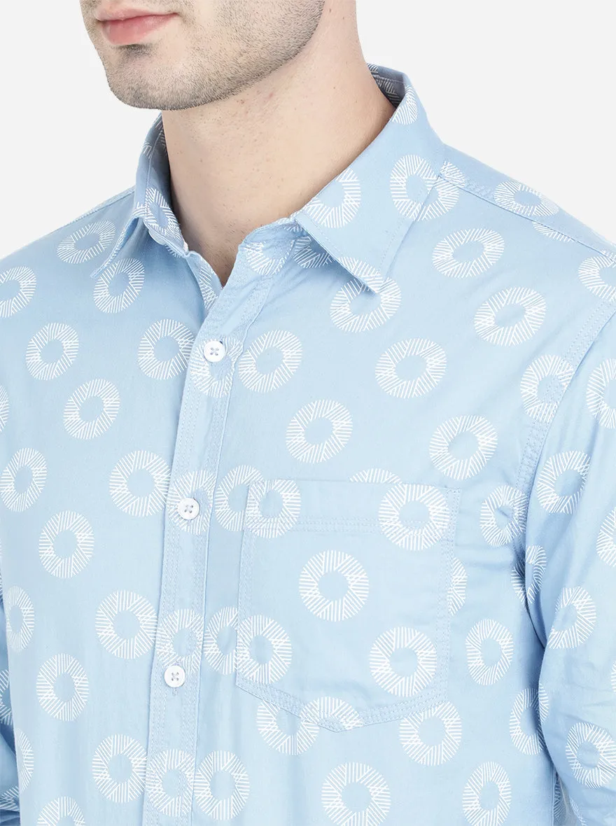 Light Blue Printed Slim Fit Semi Casual Shirt | Greenfibre