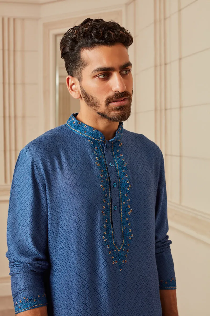 Medium Blue Self Textured Silk Jacquard Kurta Set With Embroidered Neck And Collar