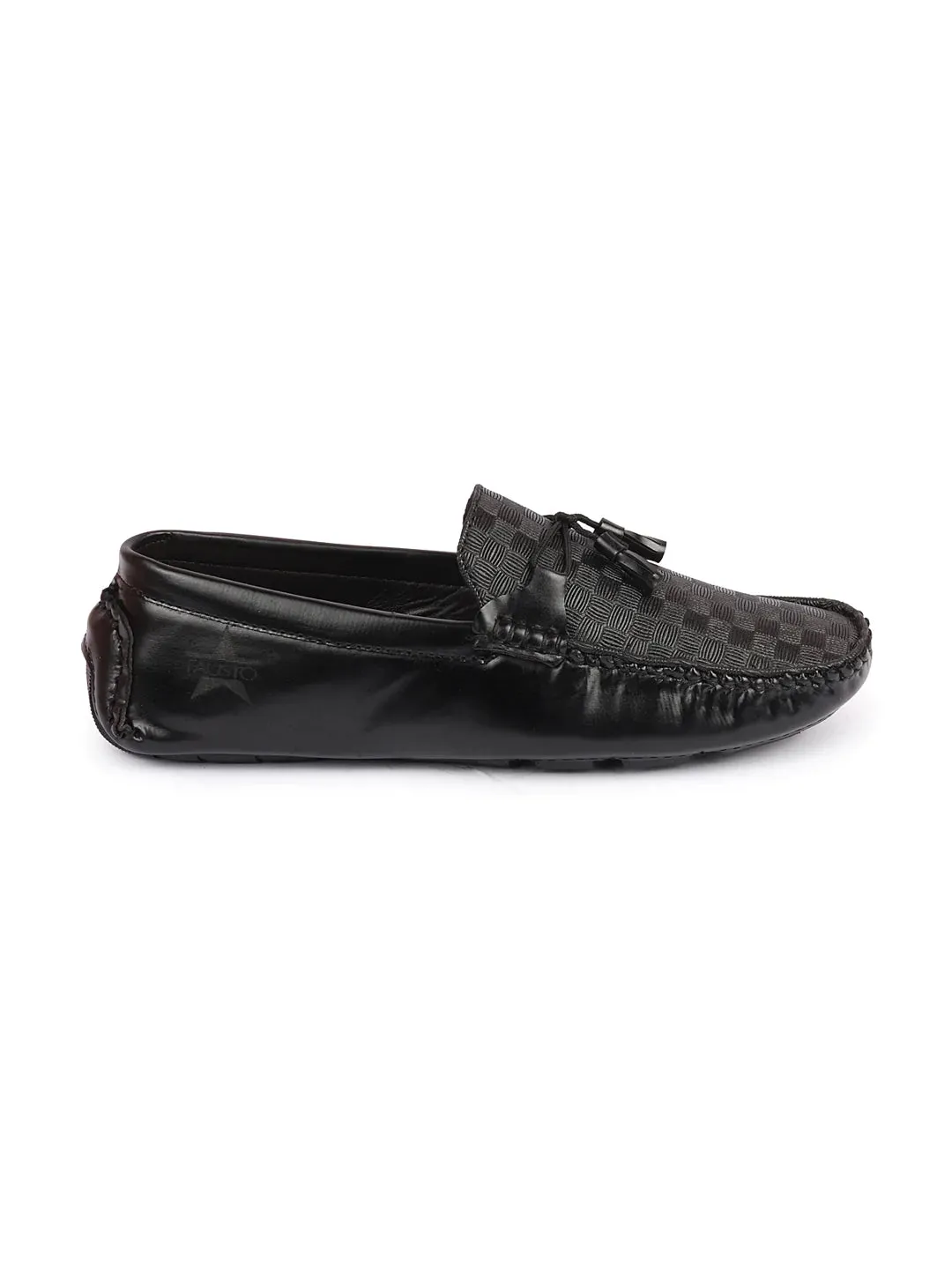 Men Black Textured Design Casual Tassel Slip On Driving Loafer and Moccasins