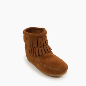 Minnetonka® Kids' Double Fringe Side Zipper Suede Leather Moccasins