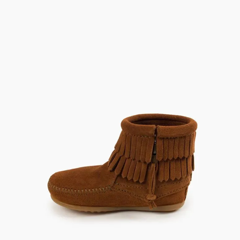 Minnetonka® Kids' Double Fringe Side Zipper Suede Leather Moccasins