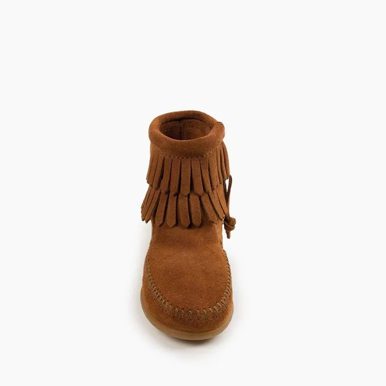 Minnetonka® Kids' Double Fringe Side Zipper Suede Leather Moccasins