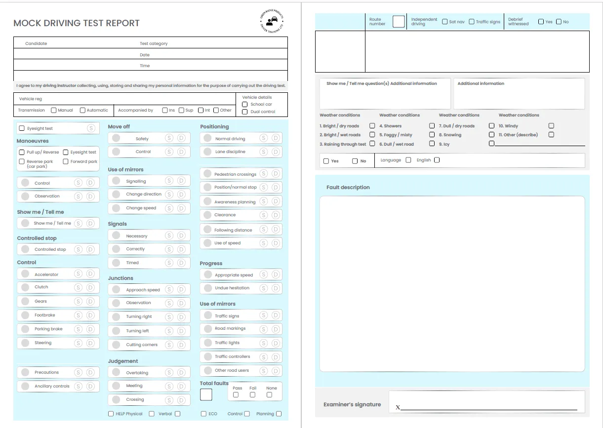 Mock Test Sheets for UK driving test