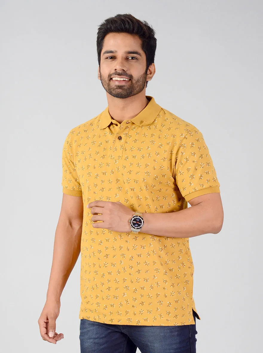 Mustard Brown Printed Slim Fit Polo T-shirt | Greenfibre