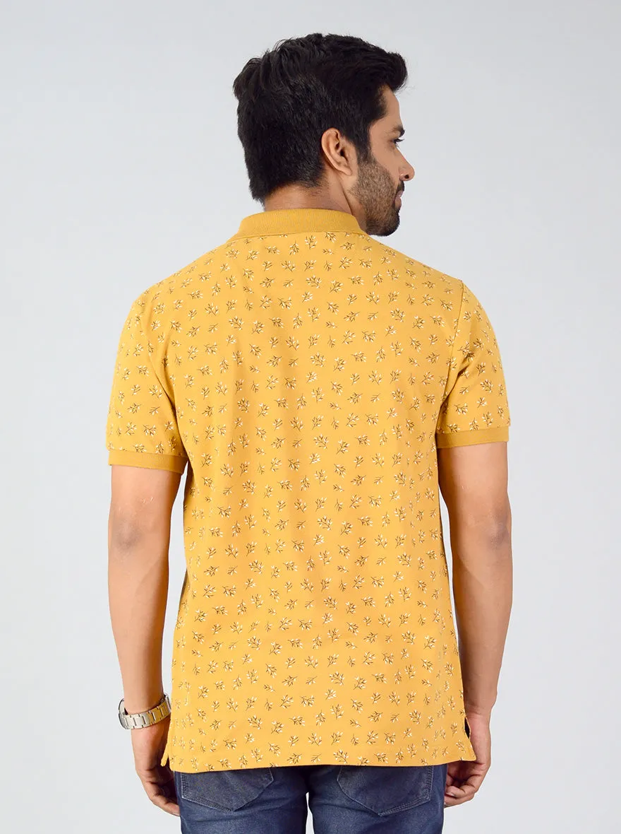 Mustard Brown Printed Slim Fit Polo T-shirt | Greenfibre