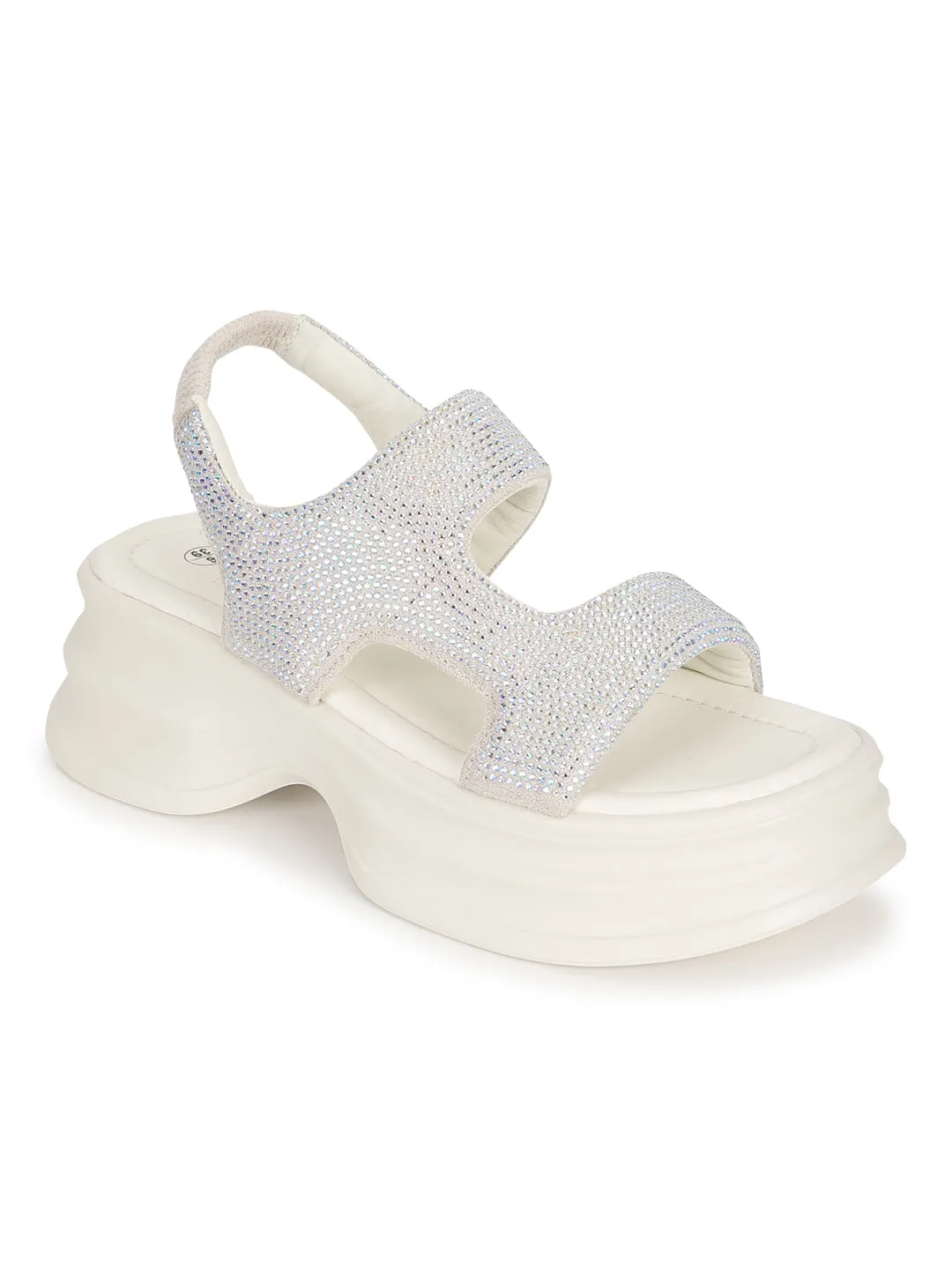 Off White PU Diamonte Stylish Slip-On Flats (TC-RS3637-OWHT)