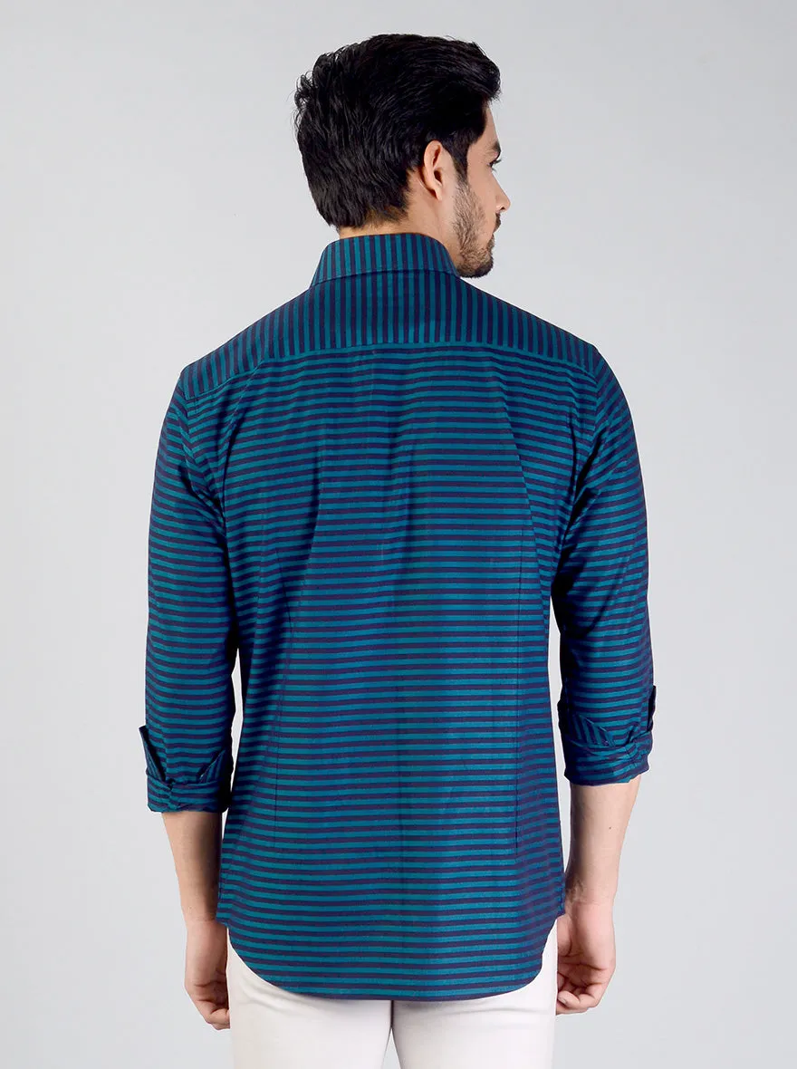 Pacific Green Striped Slim Fit Evening Wear Shirt | Metal